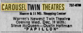Carousel Twin Theatres - Dec 1973 Opening Ad (newer photo)